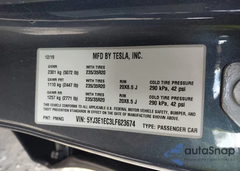 2020 Tesla Model 3 Performance Dual Motor All-Wheel Drive z USA, uszkodzony, nr VIN 5YJ3E1EC3LF623674